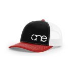 One, Black, White and Red Trucker Hat by Richardson