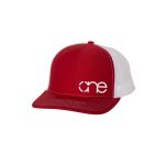 Red and White “One” Trucker Hat with White logo, snapback.