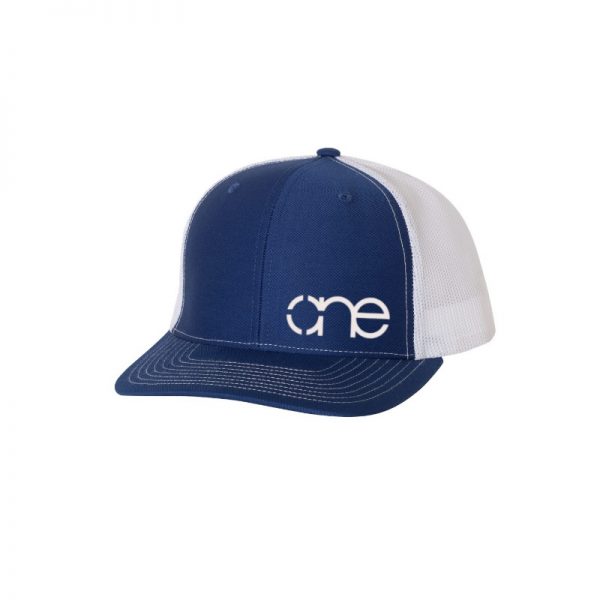 Royal Blue and White "One" Trucker Hat with White logo, snapback.