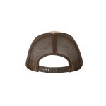 Khaki and Brown “One” Trucker Hat with White logo, snapback, rear of cap.