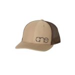 Khaki and Brown “One” Trucker Hat with White logo, snapback.