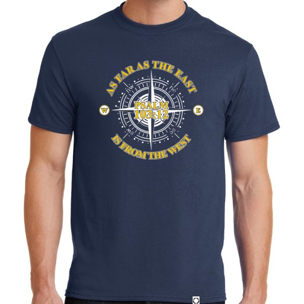 Mens navy blue short sleeve "East from the West" Christian tee shirt, front view.