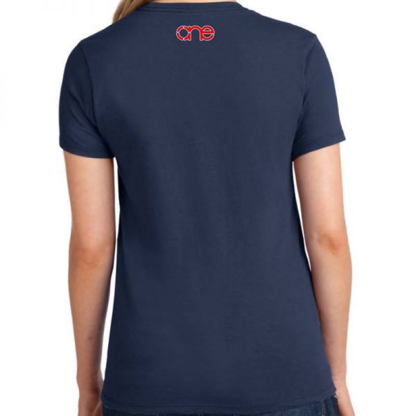 Ladies navy blue short sleeve Christian tee shirt with One logo on back.