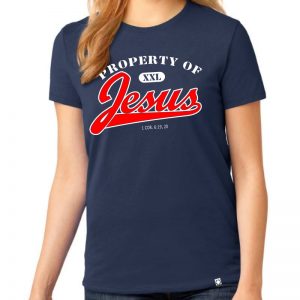 Ladies navy blue short sleeve "Property of Jesus" Christian tee shirt.
