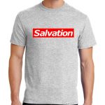 Men’s Ash Grey short sleeve “Salvation” One Christian Tee Shirt in Red and White.