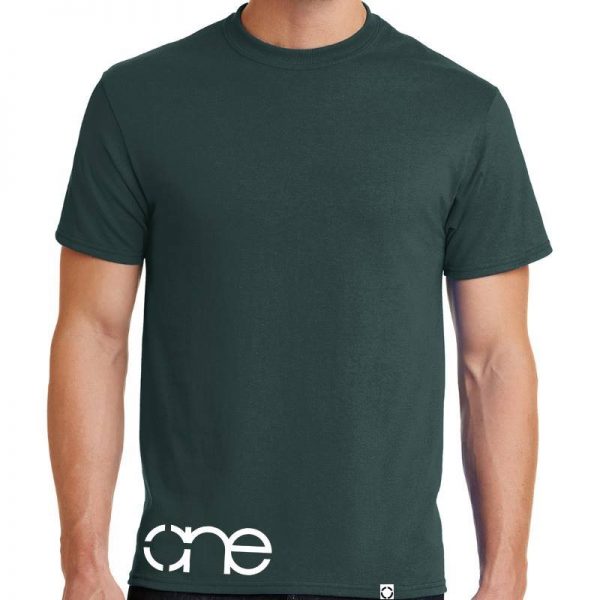 One waist christian tee in dark green with white design.