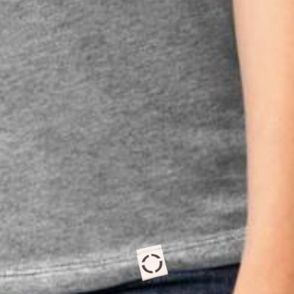 Ladies Heather Grey One shirt with woven label close up.