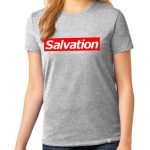 Ladies Ash Grey short sleeve “Salvation” One Christian Tee Shirt in Red.