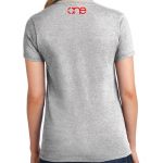 Ladies Ash Grey short sleeve shirt rear, with one logo in red on the upper back.