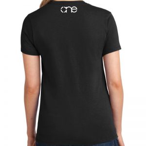 Ladies Black short sleeve shirt rear, with one logo in white on the upper back.