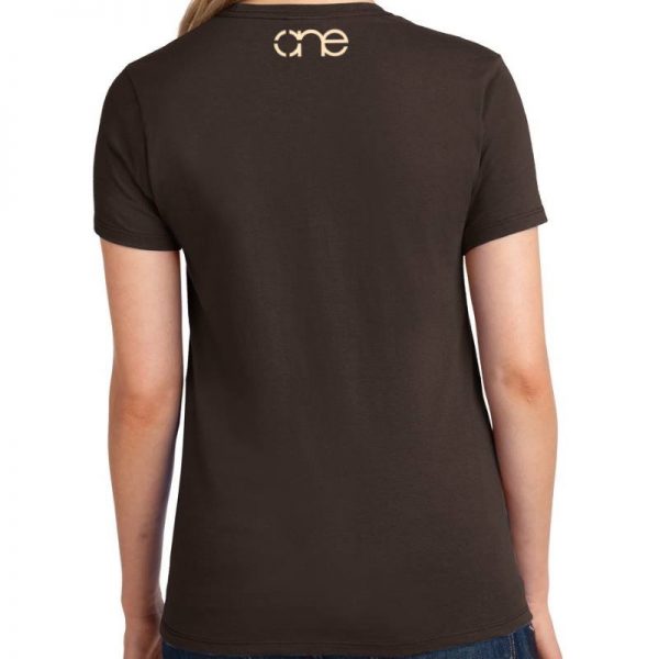 Ladies Dark Brown Short Sleeve Tee Shirt, One on upper back in Cream.