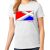 Ladies White short sleeve shirt with large Red, White, Blue, and Grey Cross that is laying down on the front chest.