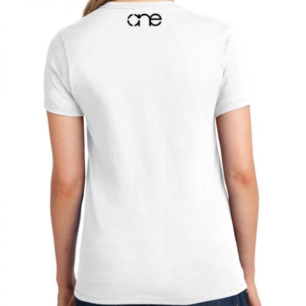 Ladies White short sleeve shirt with Black one on upper back.