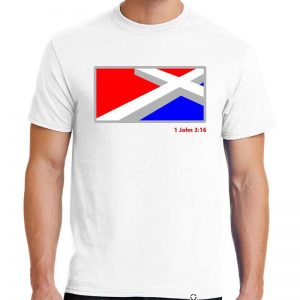 Men's White He Laid Down His Life Christian Tee Shirt in Red, White, Blue and Gray.
