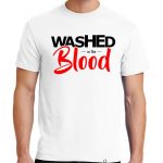 Men's White short sleeve Washed in the Blood" One Christian Tee Shirt in Black and Red.