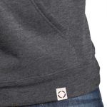 Heather Charcoal hoodie with woven label, close up view.