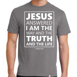 Men's Medium Grey short sleeve "Jesus Answered" Christian Tee Shirt in White.