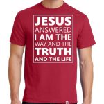 Mens Red short sleeve “Jesus Answered” Christian Tee Shirt in White.