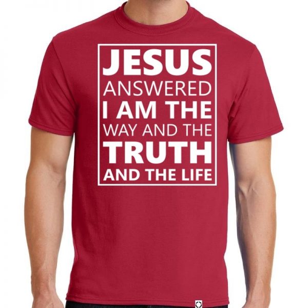 Men's Red short sleeve "Jesus Answered" Christian Tee Shirt in White.