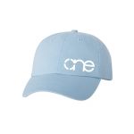 Baby Blue "One" Dad Cap with White logo, adjustable with belt and buckle closure.