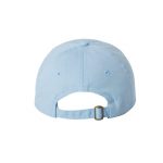 Baby Blue “One” Dad Cap with White logo, adjustable with belt and buckle closure. Rear of cap.
