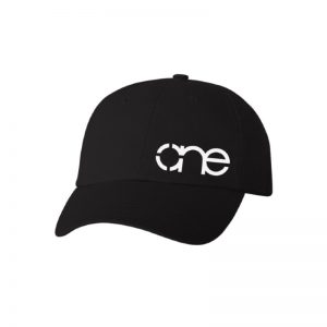 Black "One" Dad Cap with White logo, adjustable with belt and buckle closure.
