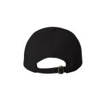 Black “One” Dad Cap with White logo, adjustable with belt and buckle closure. Rear of cap.