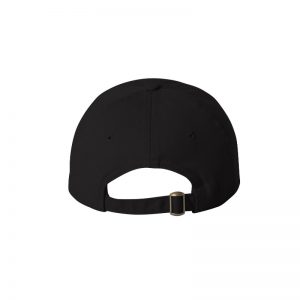 Black "One" Dad Cap with White logo, adjustable with belt and buckle closure. Rear of cap.