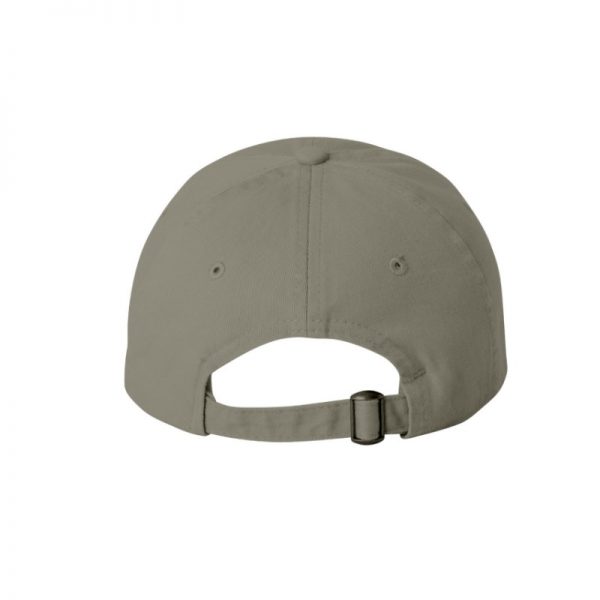 Olive Green "One" Dad Cap with Black logo, adjustable with belt and buckle closure. Rear of cap.
