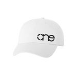 White “One” Dad Cap with Black logo, adjustable with belt and buckle closure.