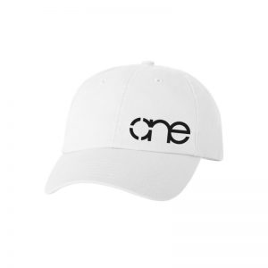 White "One" Dad Cap with Black logo, adjustable with belt and buckle closure.