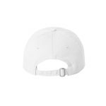 White “One” Dad Cap with Black logo, adjustable with belt and buckle closure. Rear of cap.