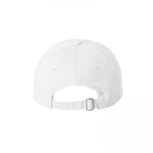 White "One" Dad Cap with Black logo, adjustable with belt and buckle closure. Rear of cap.
