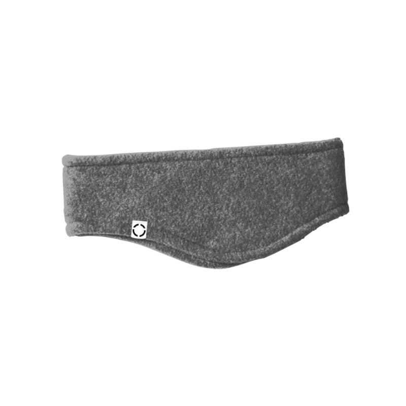 Black fleece headband with a white One woven label, side view.