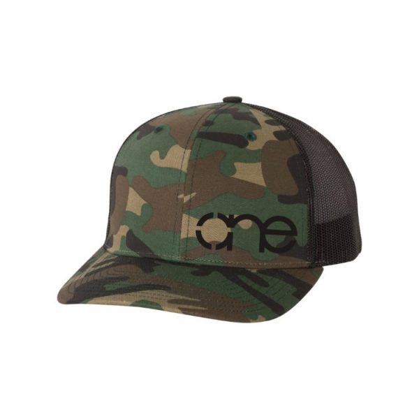 Camo and Black "One" Trucker Hat with White logo, snapback.