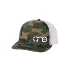 Camo and White “One” Trucker Hat with White logo, snapback.