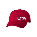 Red Dad Cap with White One Logo side view of the front.