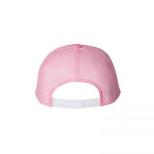 Solid Pink "One" Trucker Hat with Pink logo, Yupoong Classics snapback, rear view.
