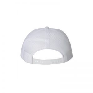 Solid White "One" Trucker Hat with White logo, Yupoong Classics snapback, rear view.