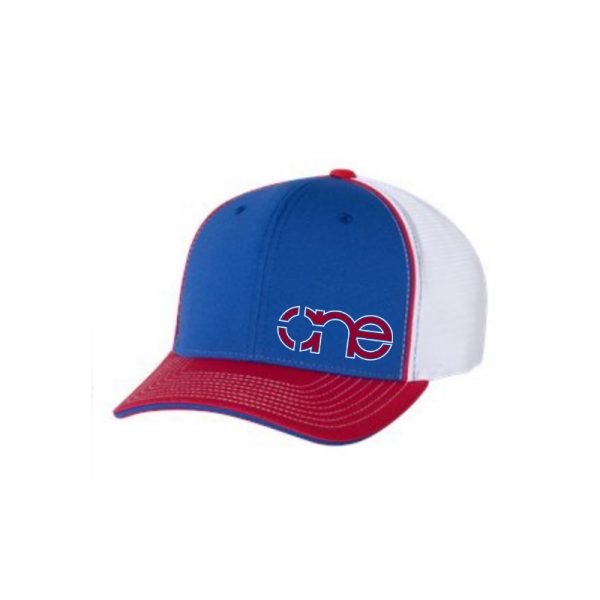 Royal Blue, White and Red R-Active Flexfit Cap with Red One logo with White outline.