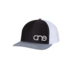 Black, White and Heather Grey "One" Trucker Hat with Grey and White logo, snapback.