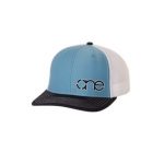 Carolina Blue, White and Navy Blue “One” Trucker Hat with White and Navy Blue logo, snapback.