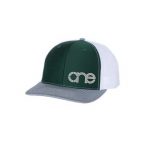 Dark Green, White and Heather Grey “One” Trucker Hat with Grey and White logo, snapback.