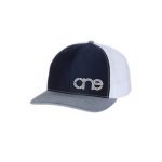 Navy Blue, White and Heather Grey “One” Trucker Hat with Grey and White logo, snapback.