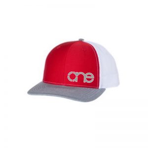 Red, White and Heather Grey "One" Trucker Hat with Grey and White logo, snapback.