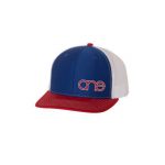 Royal Blue, White and Red "One" Trucker Hat with Red and White logo, snapback.