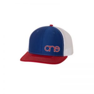 Royal Blue, White and Red "One" Trucker Hat with Red and White logo, snapback.