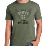 Men’s black short sleeve “Called to Serve the Lord of Lords” Christian tee shirt.
