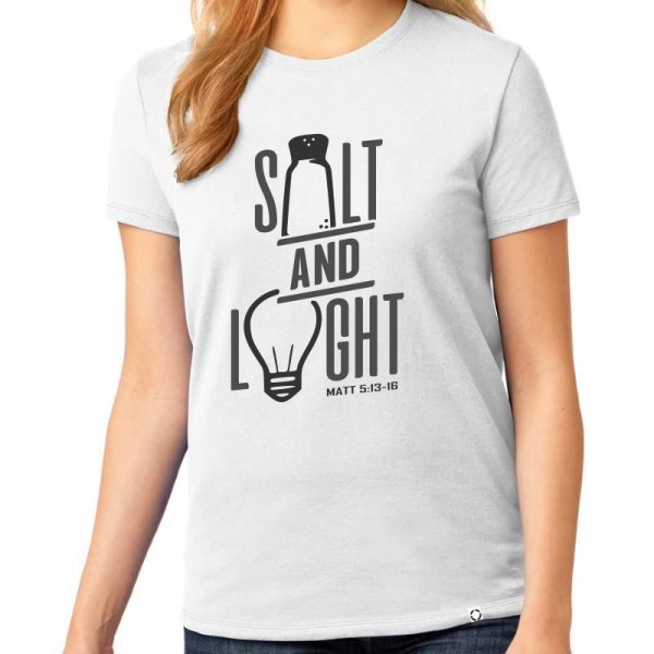 Ladies white short sleeve "Salt and Light" Christian tee shirt.