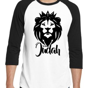 Men's black and white 3/4 short sleeve "The Lion of the Tribe of Judah" Christian tee shirt.